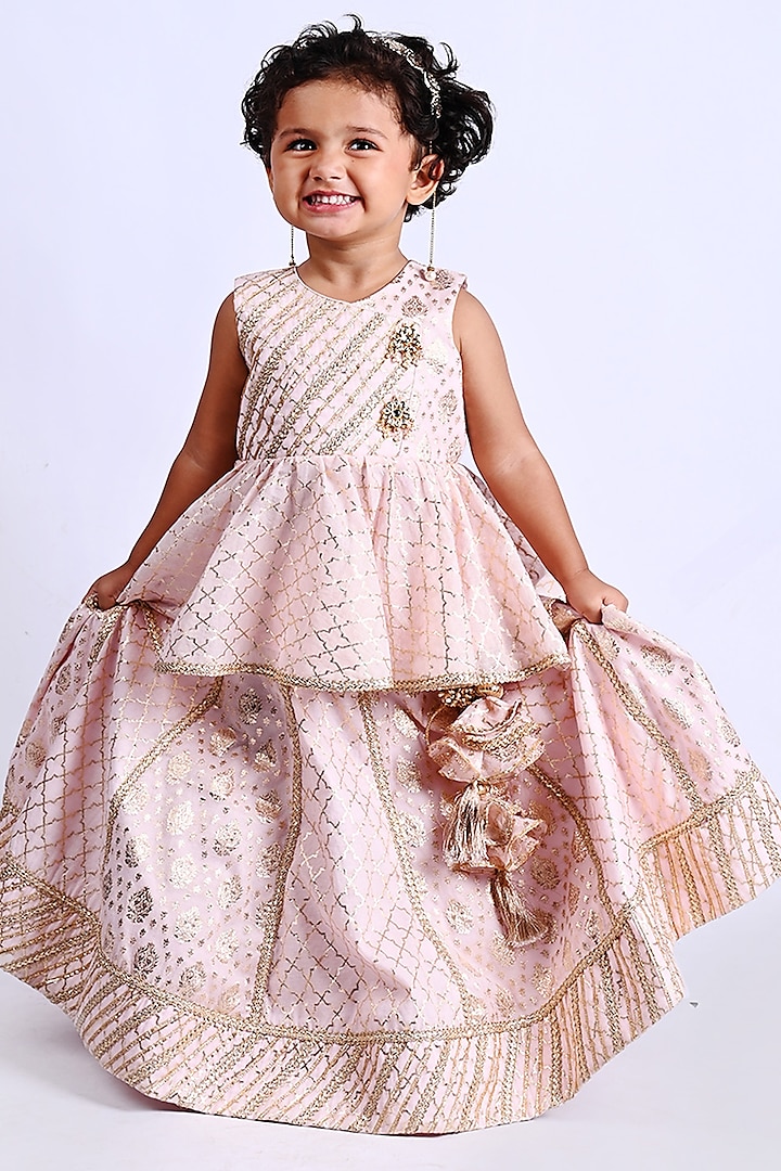 Baby Pink Chanderi Printed Lehenga Choli Set For Girls by Shining Kanika