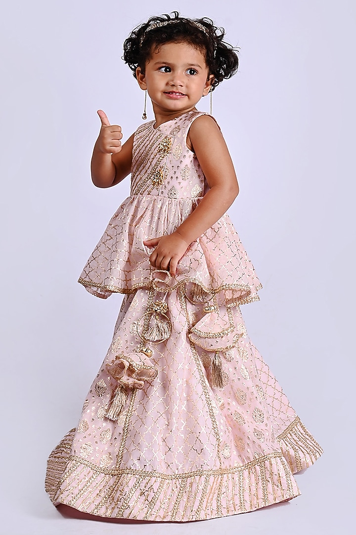 Baby Pink Chanderi Printed Lehenga Choli Set For Girls by Shining Kanika at Pernia's Pop Up Shop