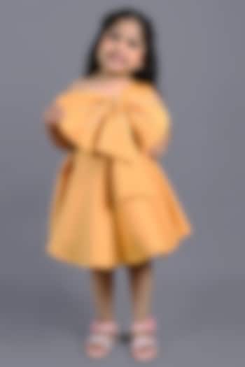 Mustard Yellow Neoprene One-Shoulder Bow Dress For Girls by Shining Kanika