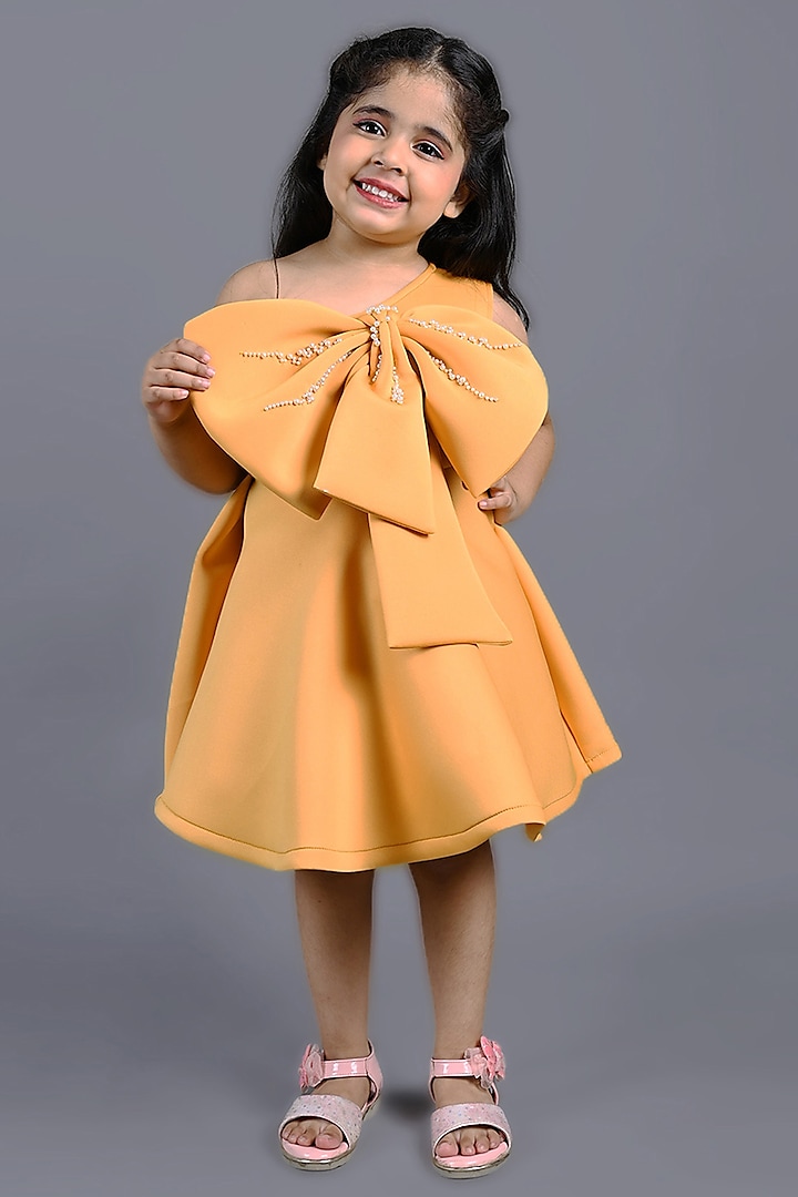 Mustard Yellow Neoprene One-Shoulder Bow Dress For Girls by Shining Kanika
