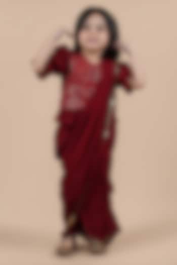 Maroon Georgette Embroidered Saree Set For Girls by Shining Kanika