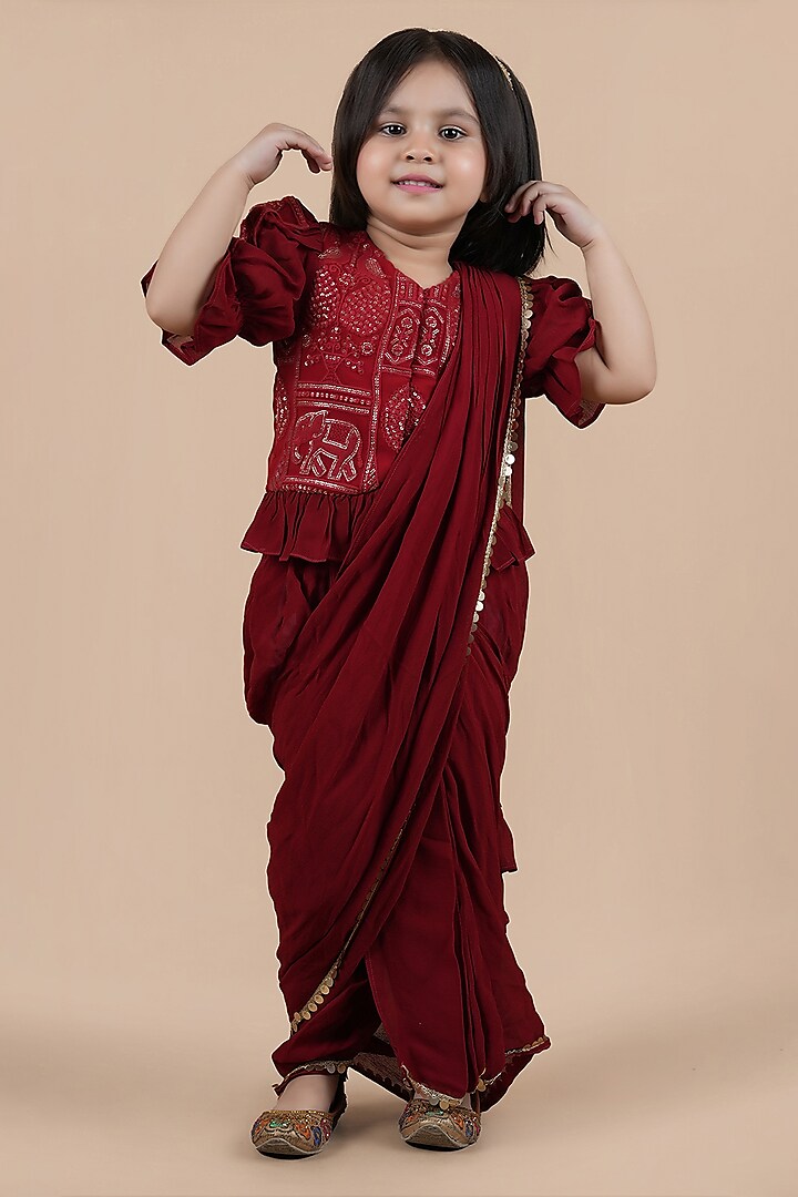 Maroon Georgette Embroidered Saree Set For Girls by Shining Kanika