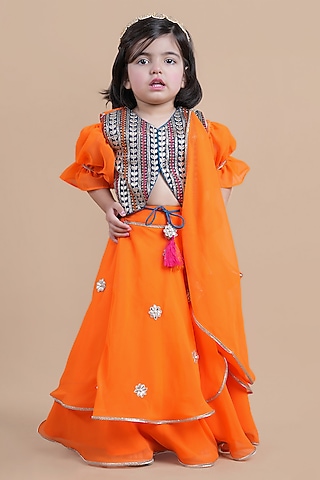 Orange Georgette Embroidered Lehenga Choli Set For Girls by Shining Kanika