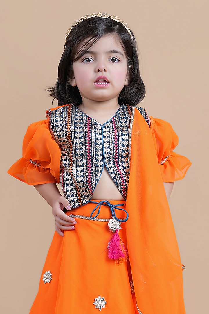 Orange Georgette Embroidered Lehenga Choli Set For Girls by Shining Kanika at Pernia's Pop Up Shop