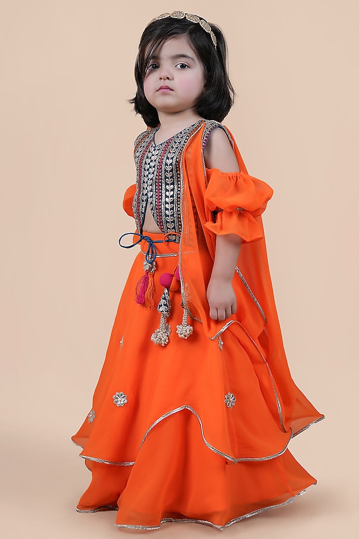 Orange Georgette Embroidered Lehenga Choli Set For Girls by Shining Kanika at Pernia's Pop Up Shop