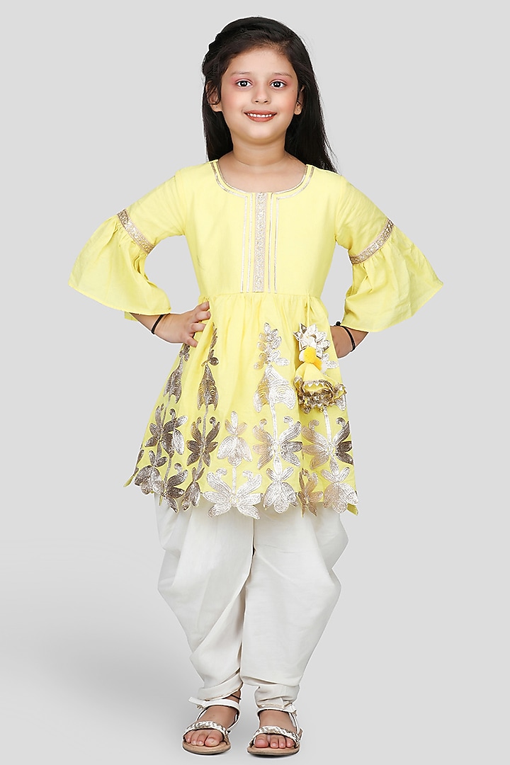 Off-White Cotton Silk Dhoti Set For Girls by Shining Kanika