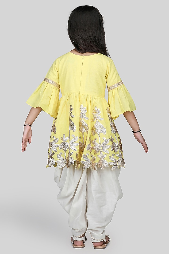 Off-White Cotton Silk Dhoti Set For Girls by Shining Kanika at Pernia's Pop Up Shop