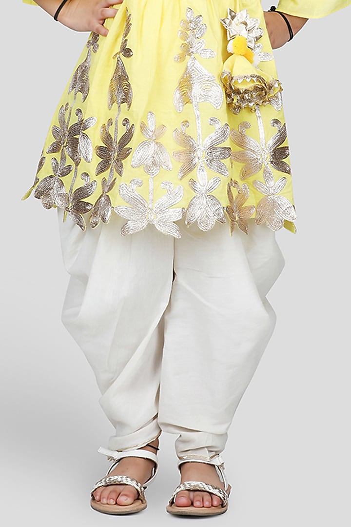 Off-White Cotton Silk Dhoti Set For Girls by Shining Kanika at Pernia's Pop Up Shop