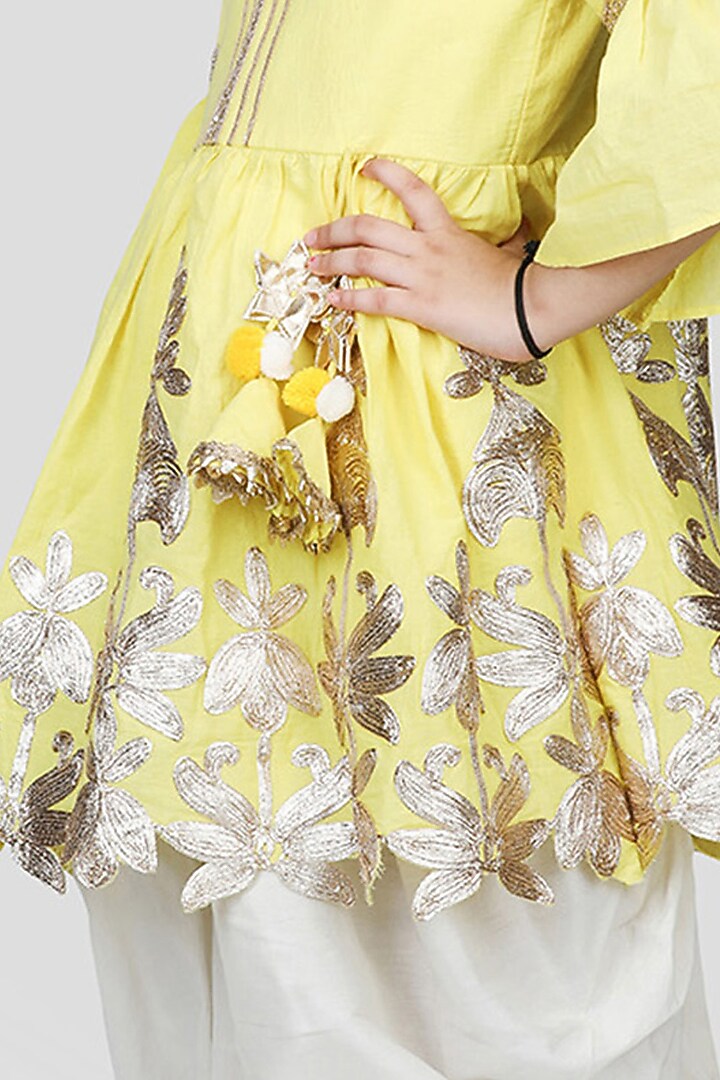 Off-White Cotton Silk Dhoti Set For Girls by Shining Kanika at Pernia's Pop Up Shop