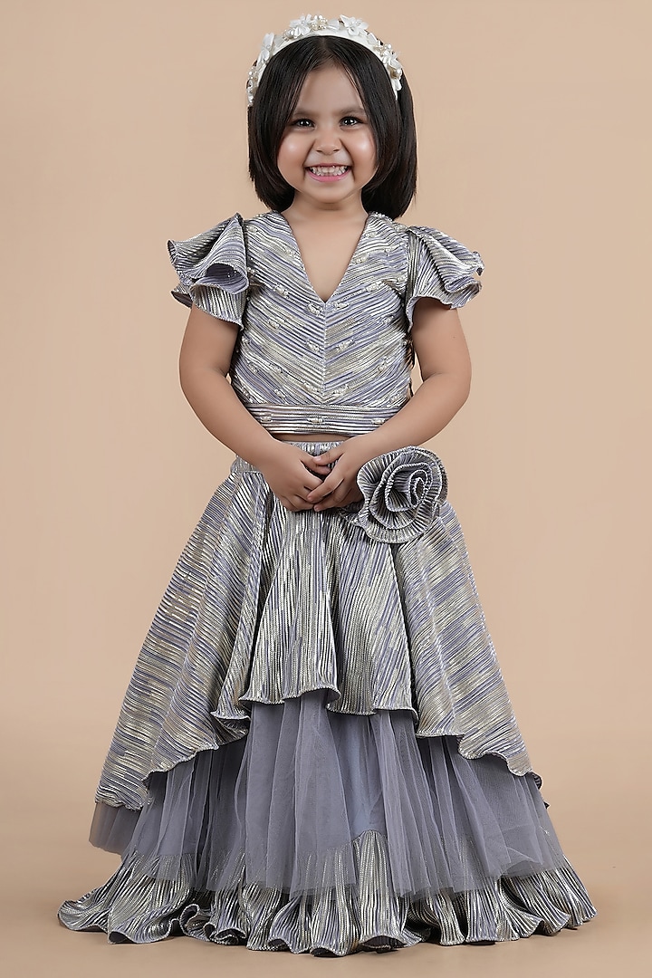 Grey Pleated Crepe Embellished Lehenga Choli Set For Girls by Shining Kanika