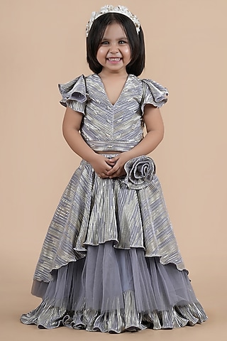 Grey Pleated Crepe Embellished Lehenga Choli Set For Girls by Shining Kanika