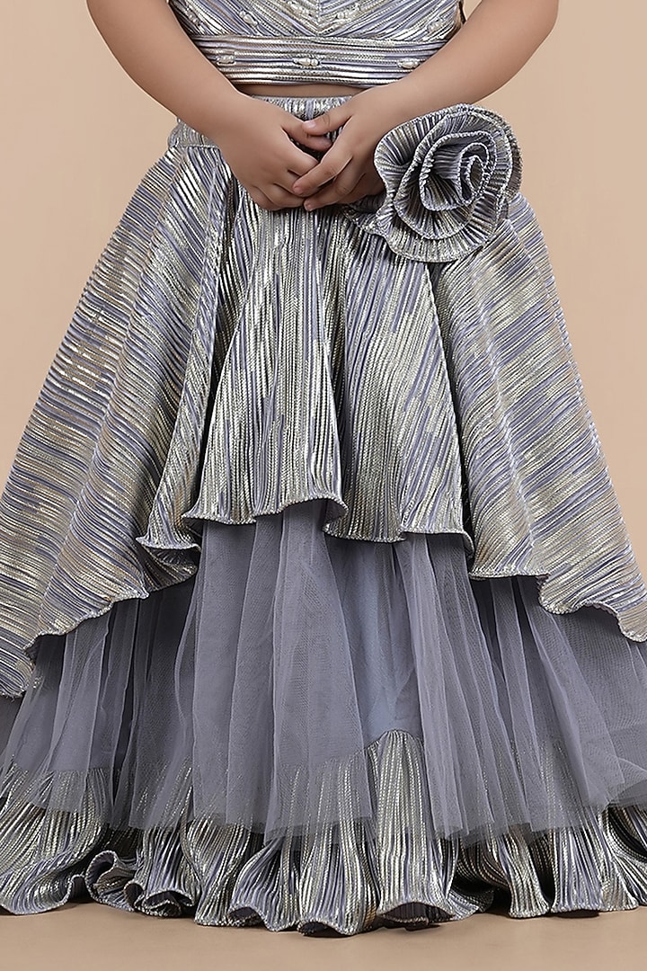 Grey Pleated Crepe Embellished Lehenga Choli Set For Girls by Shining Kanika at Pernia's Pop Up Shop
