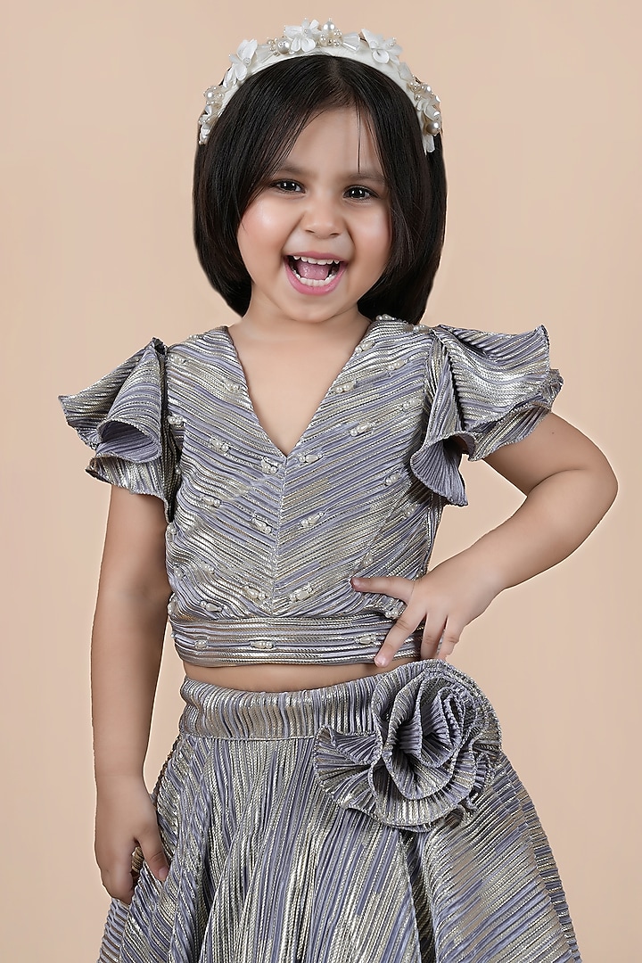 Grey Pleated Crepe Embellished Lehenga Choli Set For Girls by Shining Kanika at Pernia's Pop Up Shop