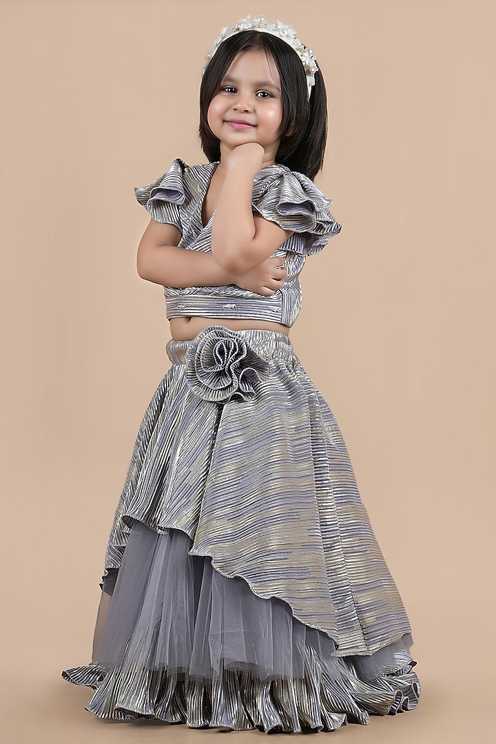 Grey Pleated Crepe Embellished Lehenga Choli Set For Girls by Shining Kanika at Pernia's Pop Up Shop