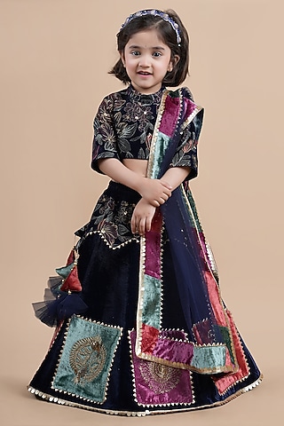 Dark Blue Velvet Embellished Lehenga Choli Set For Girls by Shining Kanika