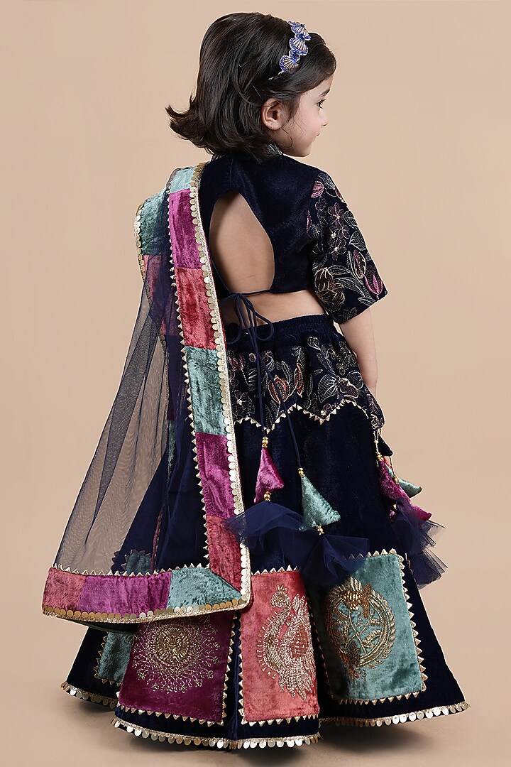 Dark Blue Velvet Embellished Lehenga Choli Set For Girls by Shining Kanika at Pernia's Pop Up Shop