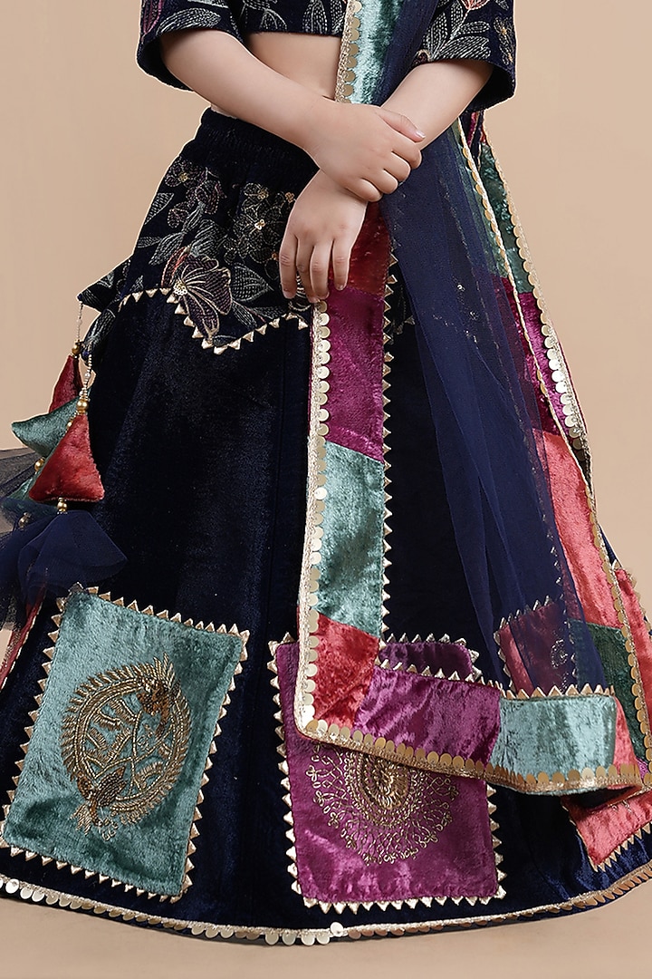Dark Blue Velvet Embellished Lehenga Choli Set For Girls by Shining Kanika at Pernia's Pop Up Shop