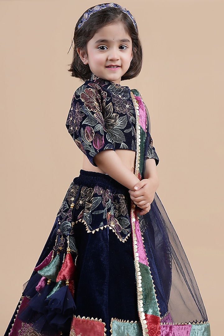 Dark Blue Velvet Embellished Lehenga Choli Set For Girls by Shining Kanika at Pernia's Pop Up Shop
