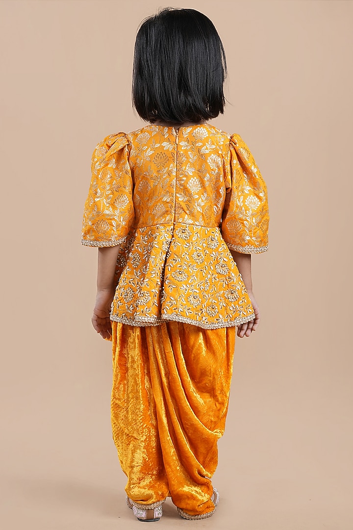 Mustard Yellow Velvet Dhoti Set For Girls by Shining Kanika at Pernia's Pop Up Shop