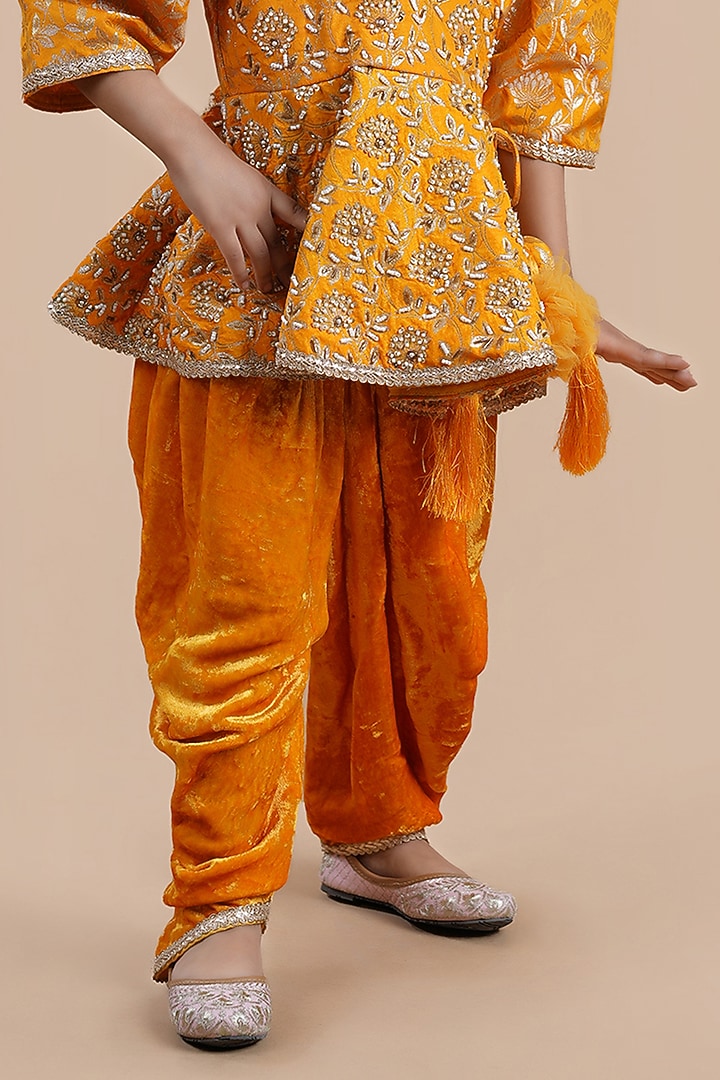 Mustard Yellow Velvet Dhoti Set For Girls by Shining Kanika at Pernia's Pop Up Shop
