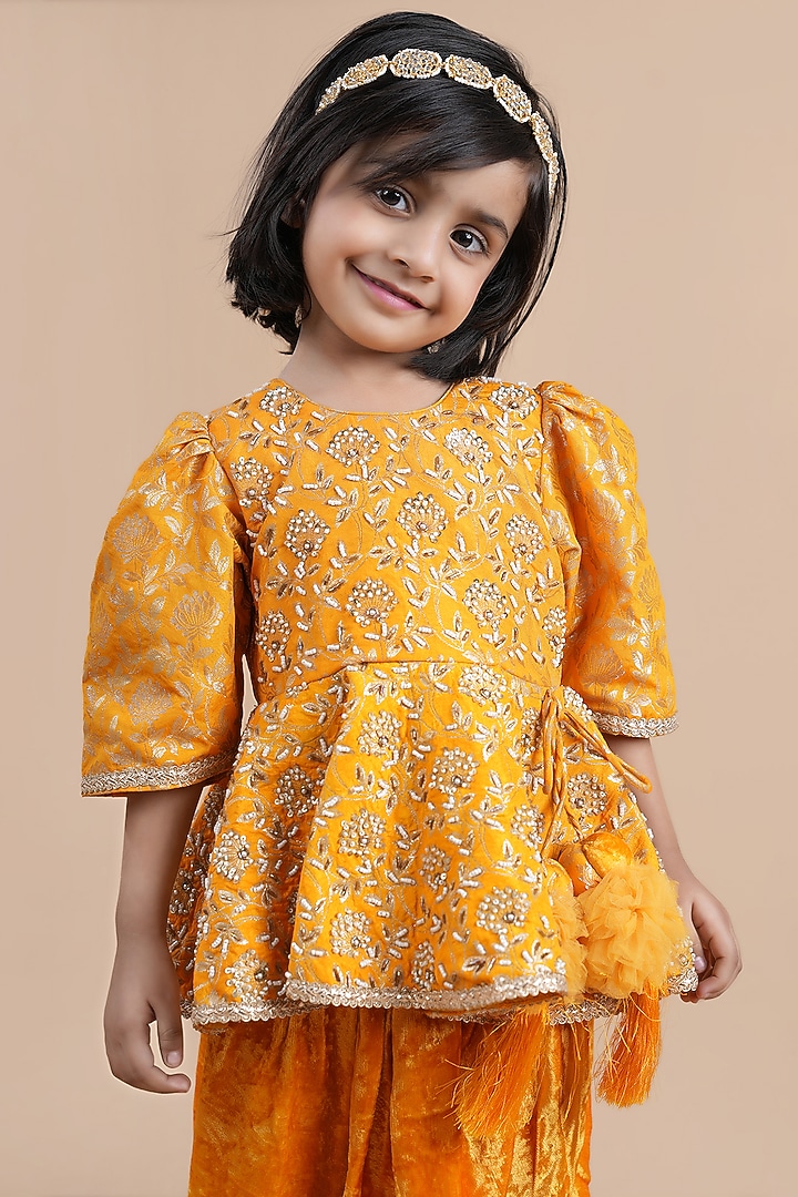 Mustard Yellow Velvet Dhoti Set For Girls by Shining Kanika at Pernia's Pop Up Shop
