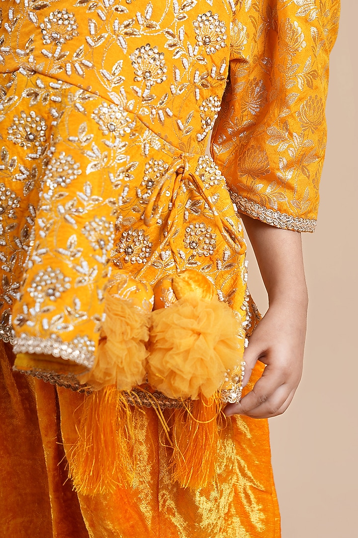 Mustard Yellow Velvet Dhoti Set For Girls by Shining Kanika at Pernia's Pop Up Shop