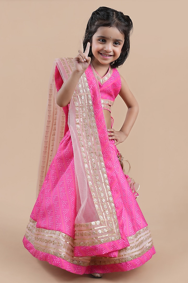 Pink Chanderi Printed Lehenga Choli Set For Girls by Shining Kanika