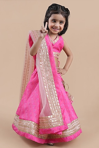 Pink Chanderi Printed Lehenga Choli Set For Girls by Shining Kanika