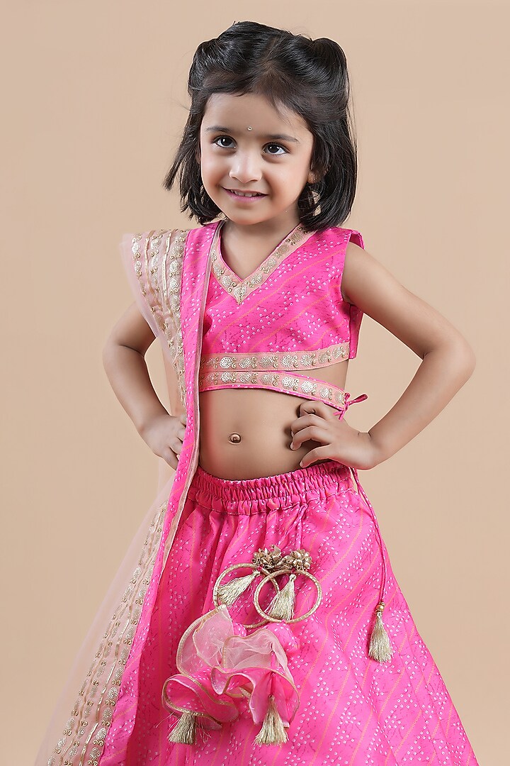Pink Chanderi Printed Lehenga Choli Set For Girls by Shining Kanika at Pernia's Pop Up Shop