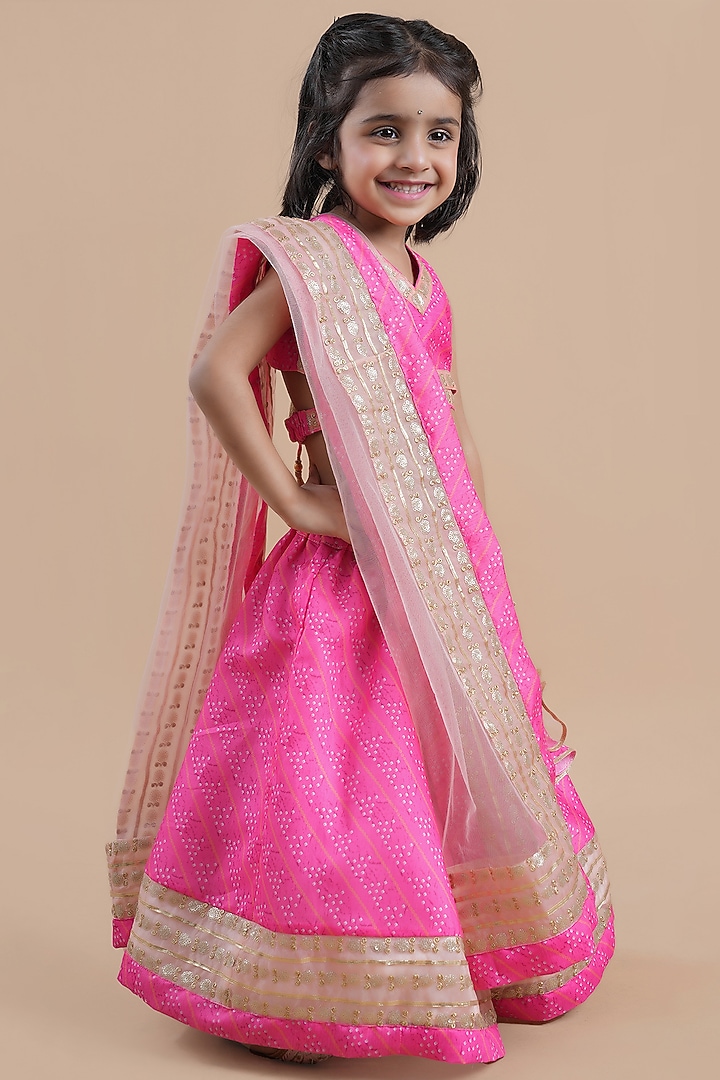 Pink Chanderi Printed Lehenga Choli Set For Girls by Shining Kanika at Pernia's Pop Up Shop