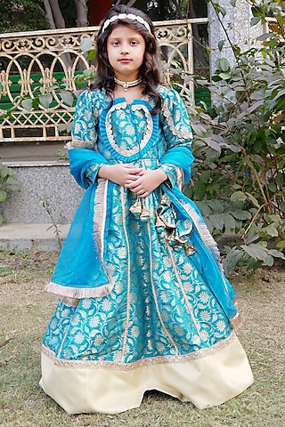 Turquoise Blue Brocade Printed Anarkali Set For Girls by Shining Kanika