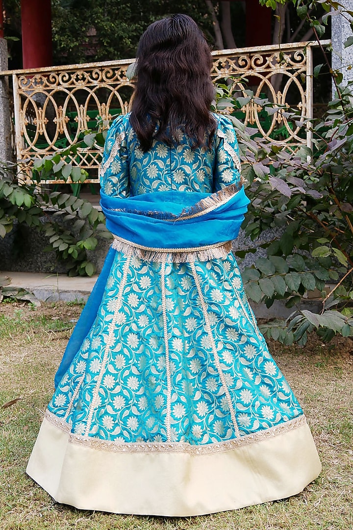 Turquoise Blue Brocade Printed Anarkali Set For Girls by Shining Kanika at Pernia's Pop Up Shop