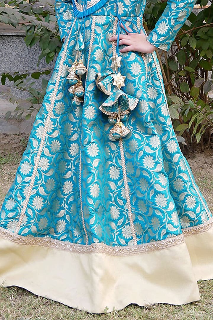 Turquoise Blue Brocade Printed Anarkali Set For Girls by Shining Kanika at Pernia's Pop Up Shop