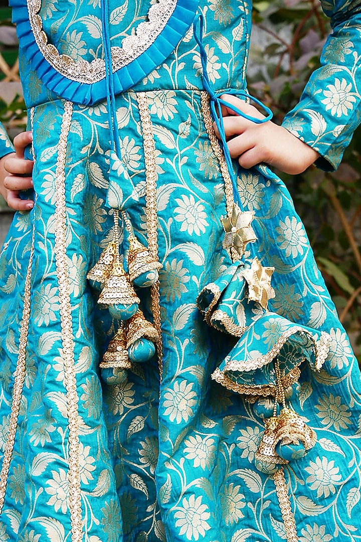 Turquoise Blue Brocade Printed Anarkali Set For Girls by Shining Kanika at Pernia's Pop Up Shop