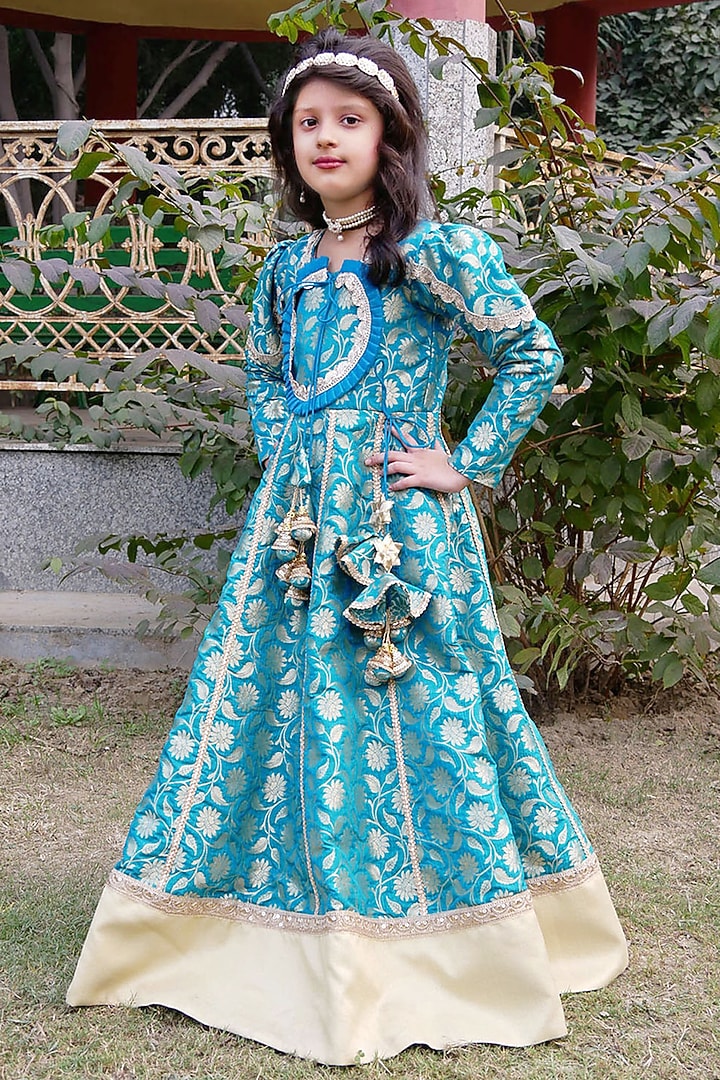 Turquoise Blue Brocade Printed Anarkali Set For Girls by Shining Kanika at Pernia's Pop Up Shop