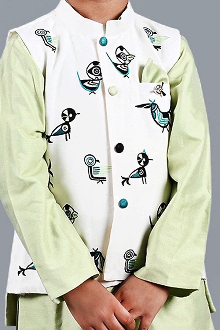 Off-White Cotton Cambric Printed Nehru Jacket Set For Boys by Shining Kanika at Pernia's Pop Up Shop