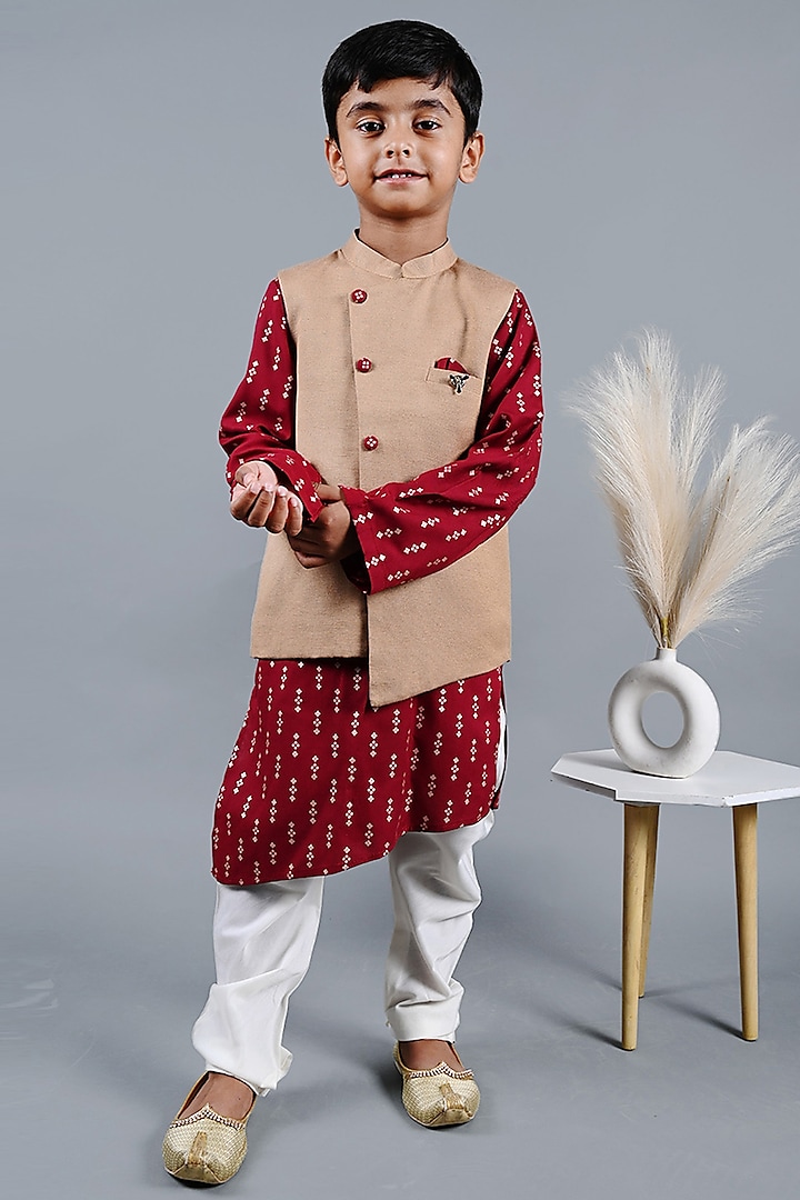 Beige Linen Printed Nehru Jacket For Boys by Shining Kanika