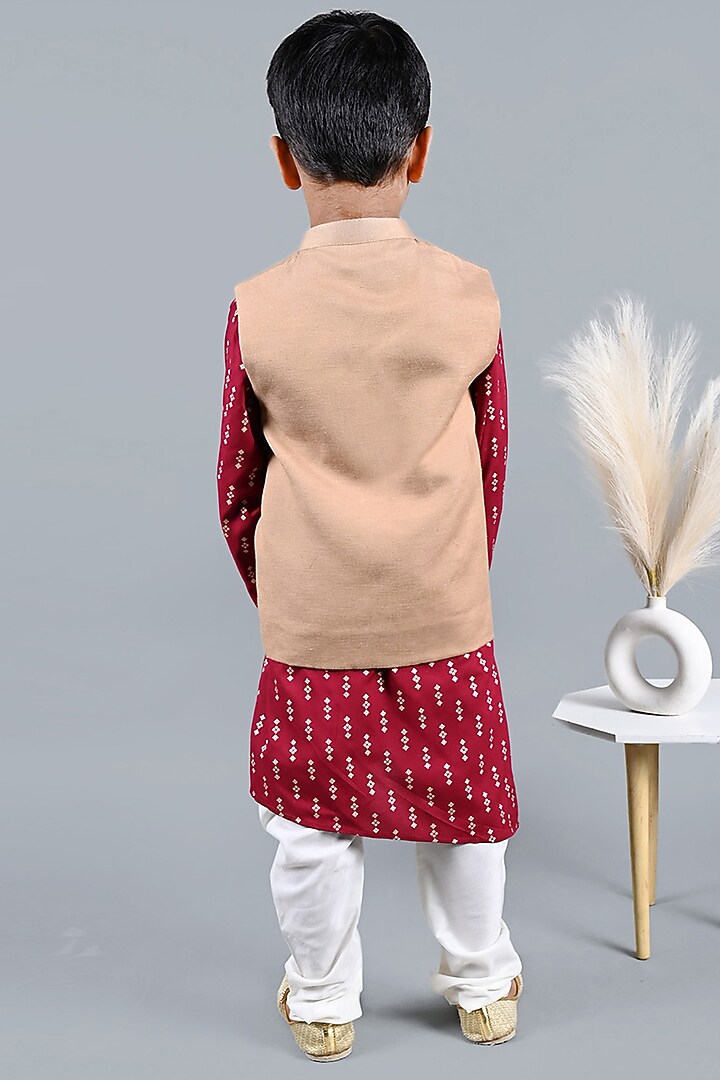 Beige Linen Printed Nehru Jacket For Boys by Shining Kanika at Pernia's Pop Up Shop