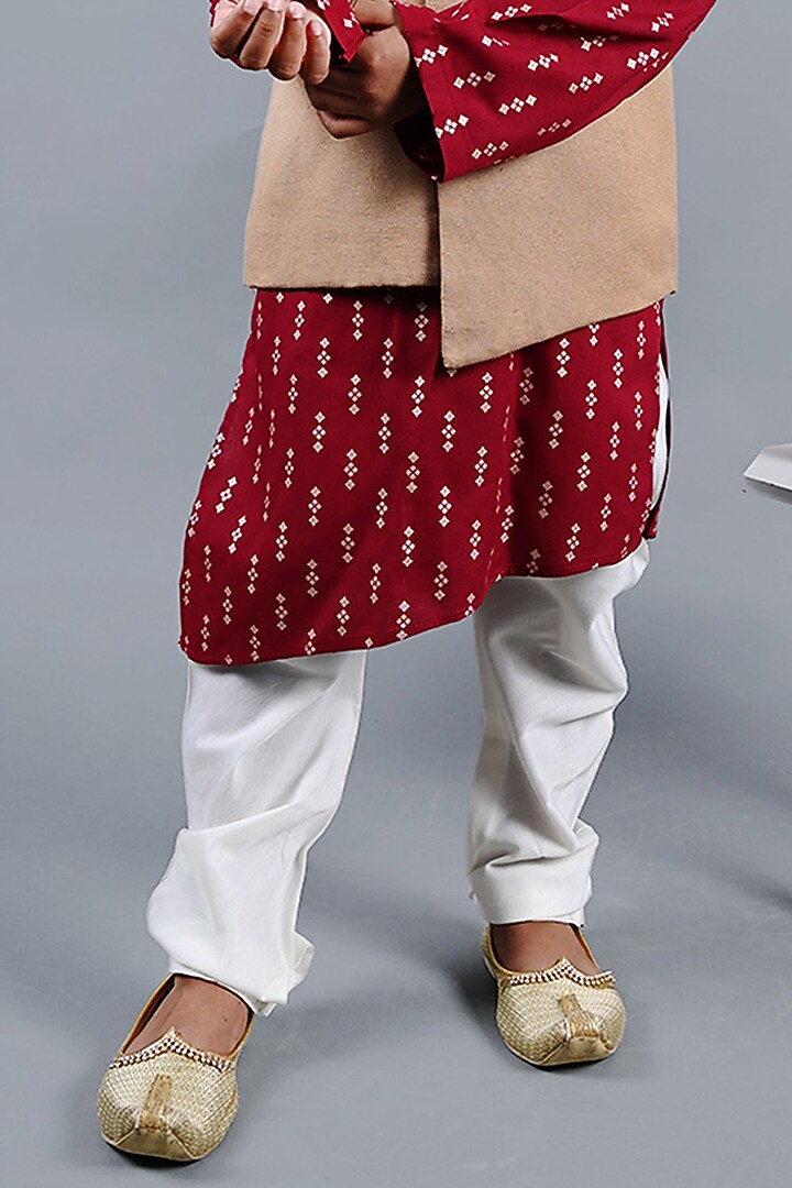 Beige Linen Printed Nehru Jacket For Boys by Shining Kanika at Pernia's Pop Up Shop
