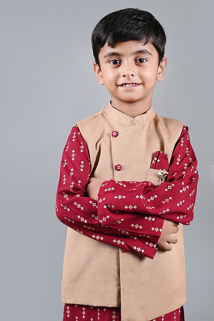 Beige Linen Printed Nehru Jacket For Boys by Shining Kanika at Pernia's Pop Up Shop