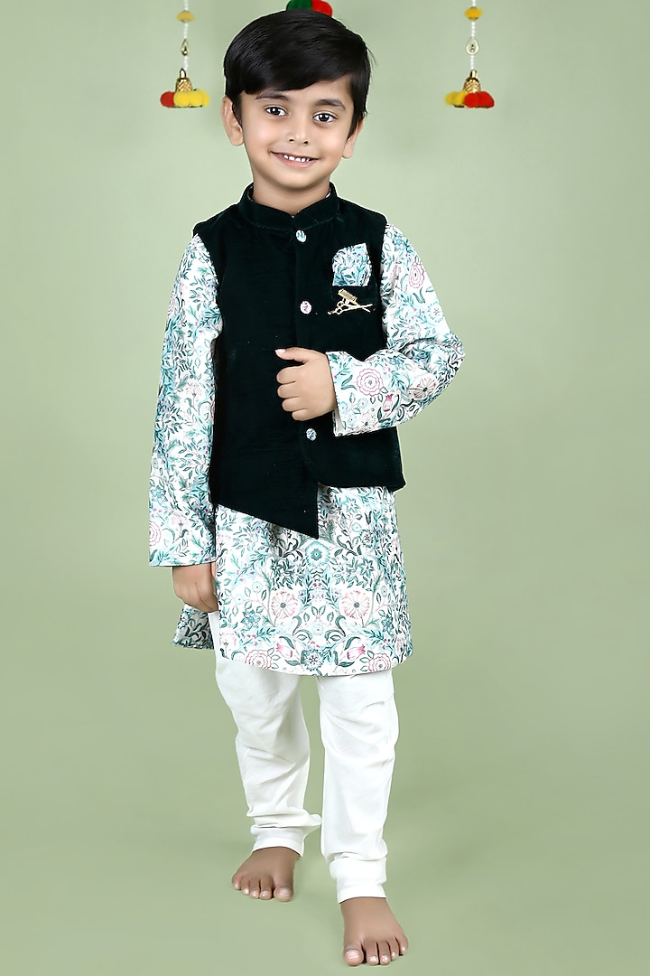 Multi-Colored Printed Kurta Set With Bundi Jacket For Boys by Shining Kanika