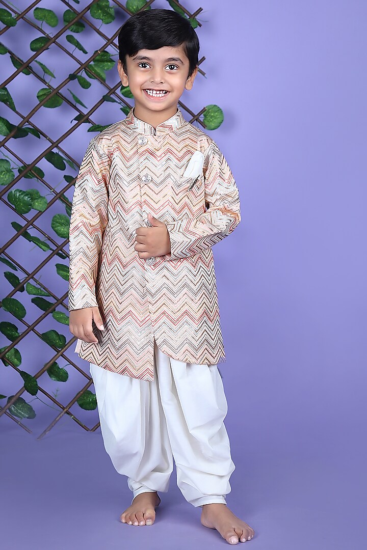 Peach Embroidered Indo Western Set For Boys by Shining Kanika