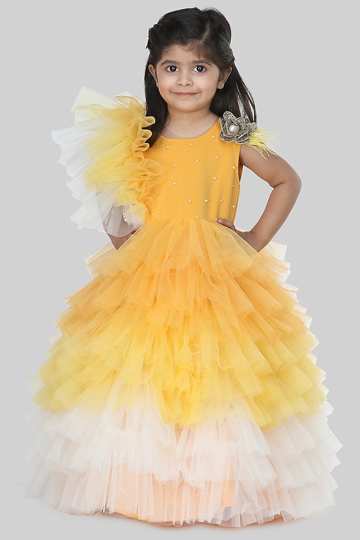 Mustard Yellow Embroidered Gown For Girls by Shining Kanika