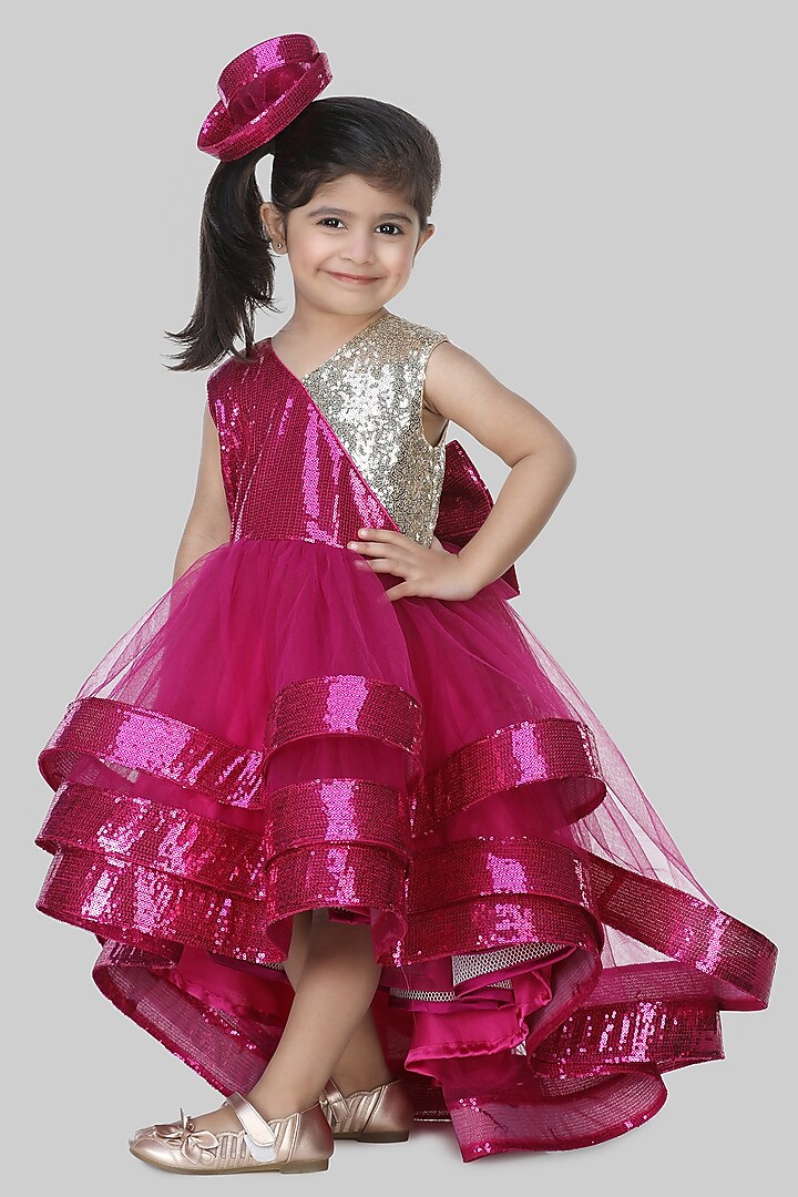 Magenta Sequins High-Low Dress For Girls by Shining Kanika