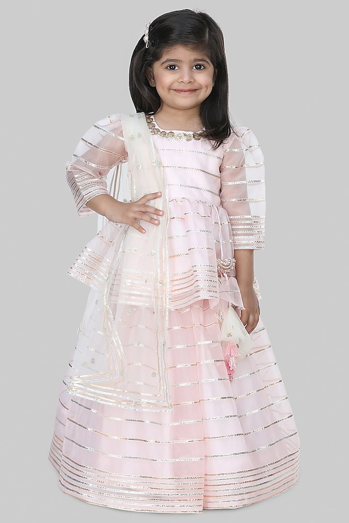 Baby Pink Embroidered Lehenga Set For Girls by Shining Kanika
