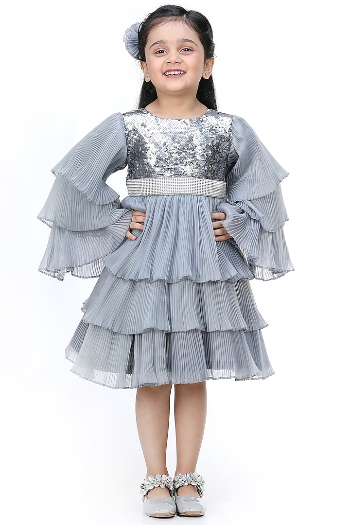Grey Embroidered Dress For Girls by Shining Kanika