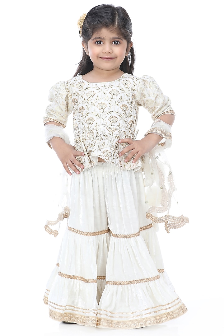 Off-White Viscose Velvet Sharara Set For Girls by Shining Kanika at Pernia's Pop Up Shop