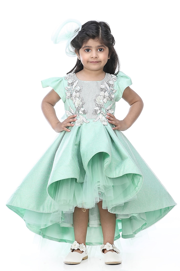 Mint Green Embroidered Dress For Girls by Shining Kanika at Pernia's Pop Up Shop