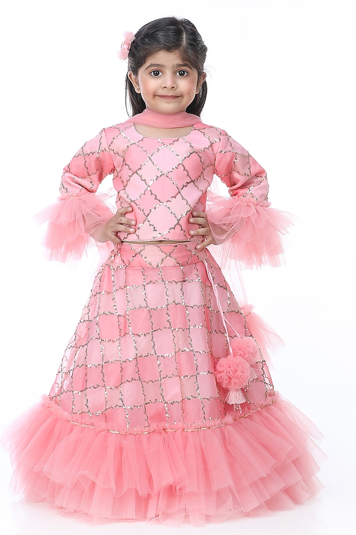 Pink Sequins Embroidered Lehenga Set For Girls by Shining Kanika