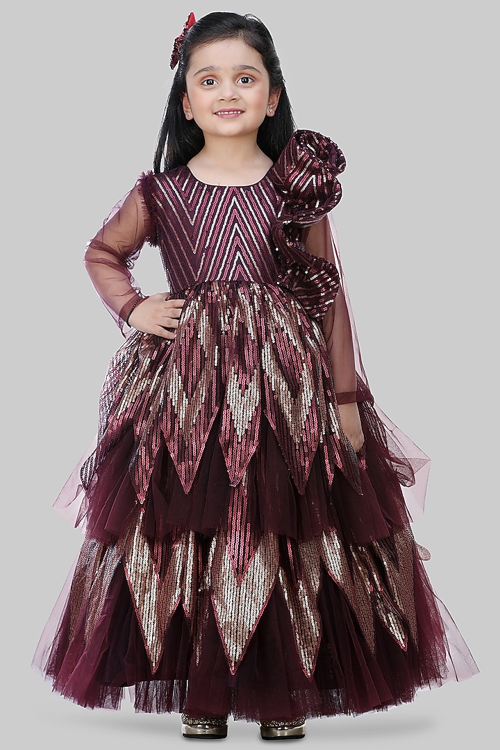 Dark Brown Embroidered Gown For Girls by Shining Kanika